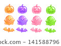 Transparent Halloween sticker-style illustrations of pumpkins, ghosts, and bats. 141588796