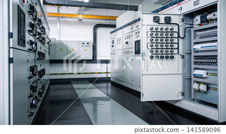 Modern electrical control room with rows of circuit breakers and power distribution panels Modern electrical control room with rows of circuit breakers and power distribution panels 141589096