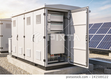 Outdoor electrical cabinet with open door showing internal components near solar panels Outdoor electrical cabinet with open door showing internal components near solar panels 141589122