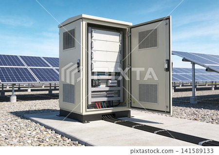 Outdoor electrical cabinet with solar panels in the background Outdoor electrical cabinet with solar panels in the background 141589133