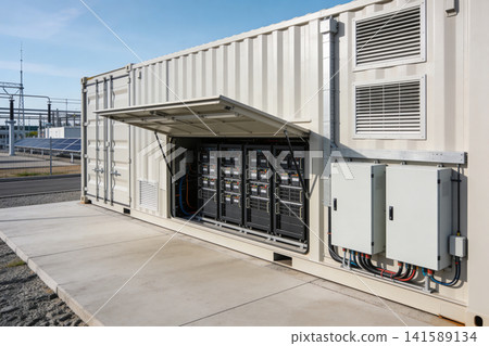 Industrial battery storage container with open access to internal power systems Industrial battery storage container with open access to internal power systems 141589134