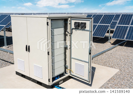 Outdoor solar power inverter cabinet with battery storage and solar panels 141589140