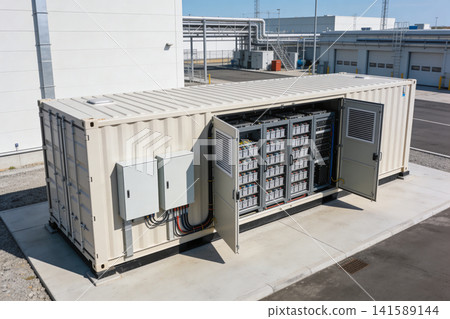 Large industrial battery storage container with open doors revealing rows of batteries Large industrial battery storage container with open doors revealing rows of batteries 141589144