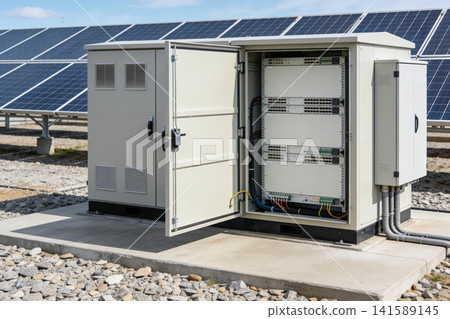 Solar power station electrical control cabinet with network switches and wiring 141589145