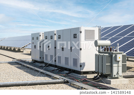 Solar power station equipment with inverters and transformer on a rooftop Solar power station equipment with inverters and transformer on a rooftop 141589148