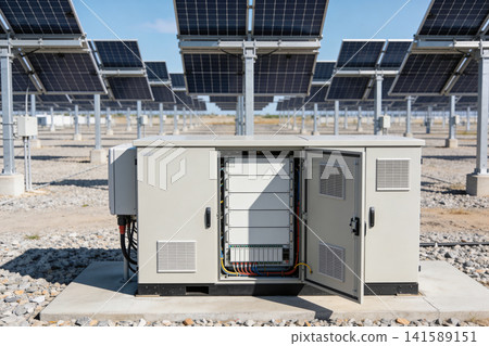 Solar power station electrical control cabinet with rows of solar panels Solar power station electrical control cabinet with rows of solar panels 141589151