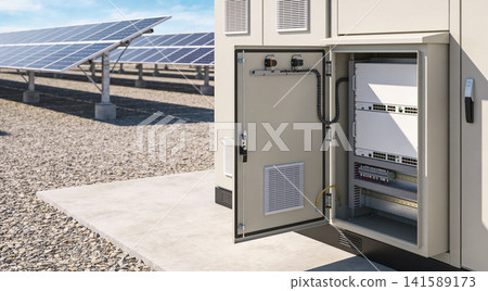 Solar power station control box with open door revealing electronic equipment Solar power station control box with open door revealing electronic equipment 141589173