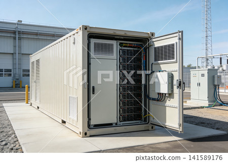 Containerized battery energy storage system with open door revealing racks of batteries 141589176