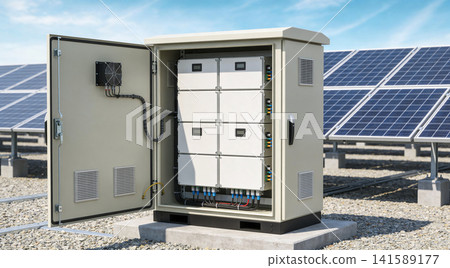 Solar power inverter cabinet with multiple units and solar panels in background 141589177