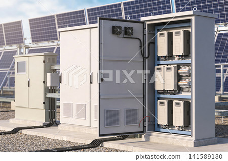 Solar power station electrical control cabinet with inverters and solar panels Solar power station electrical control cabinet with inverters and solar panels 141589180