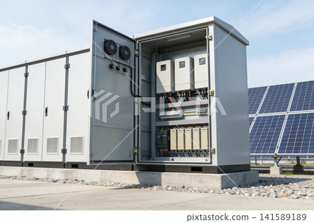 Modern solar power station electrical cabinet with inverters and wiring 141589189