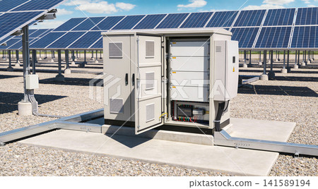 Solar power station with open electrical cabinet and rows of photovoltaic panels Solar power station with open electrical cabinet and rows of photovoltaic panels 141589194