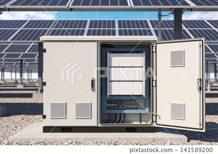 Solar power station electrical control box with open door and solar panels in background 141589200