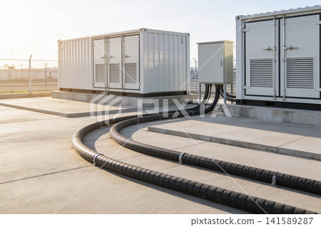 Industrial power containers and electrical conduits on a sunny day Industrial power containers and electrical conduits on a sunny day 141589287