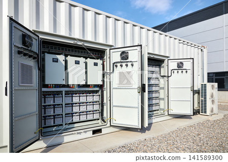 Modern energy storage system with batteries and inverters in a container Modern energy storage system with batteries and inverters in a container 141589300