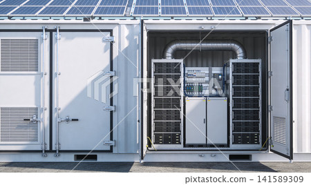 Modern solar energy storage system housed in a shipping container 141589309