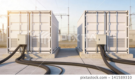 Modern energy storage containers with electrical connections on concrete pad Modern energy storage containers with electrical connections on concrete pad 141589310