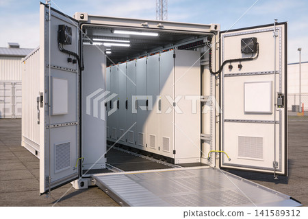 Mobile energy storage system in a shipping container with open doors Mobile energy storage system in a shipping container with open doors 141589312