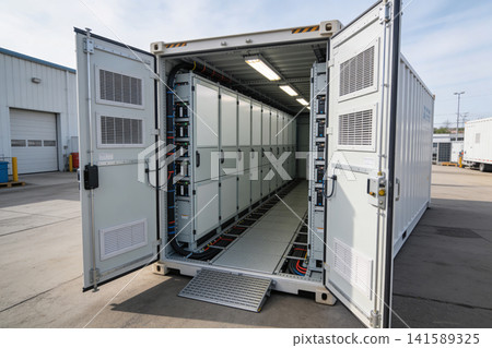 Industrial battery energy storage system container with open doors and visible equipment Industrial battery energy storage system container with open doors and visible equipment 141589325