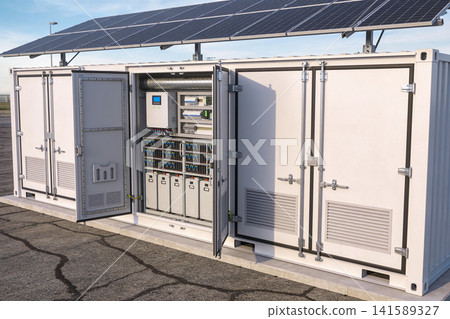 Modern solar energy storage container with battery bank and control panel Modern solar energy storage container with battery bank and control panel 141589327