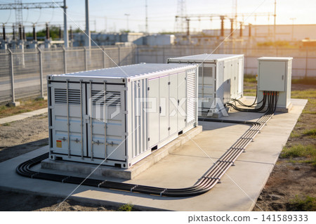 Modern electrical substations with large containerized power units and complex wiring systems Modern electrical substations with large containerized power units and complex wiring systems 141589333