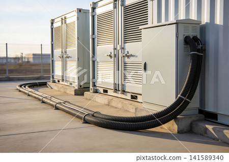 Industrial energy storage units with protective conduits and cables on concrete pad 141589340