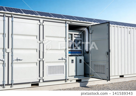 Containerized solar power storage system with open access panel Containerized solar power storage system with open access panel 141589343