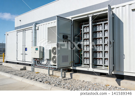 Modern industrial battery storage system with open cabinet revealing rows of cells 141589346