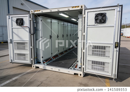 Open shipping container with server racks and cooling fans, ready for deployment Open shipping container with server racks and cooling fans, ready for deployment 141589353