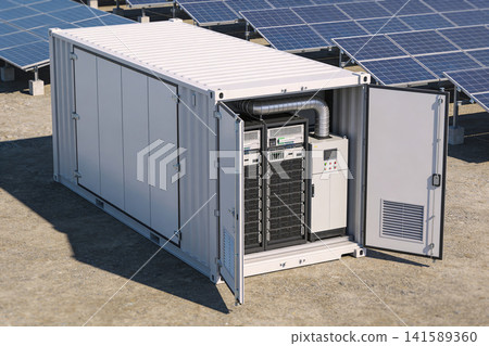 Containerized battery energy storage system next to solar panels Containerized battery energy storage system next to solar panels 141589360