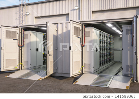 Containerized battery energy storage system with open doors and ramps Containerized battery energy storage system with open doors and ramps 141589365