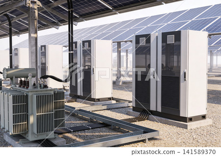 Solar power station with transformer and inverters under photovoltaic panels 141589370