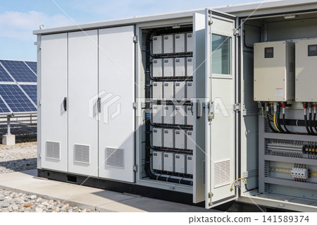 Outdoor electrical cabinet with solar inverters and battery storage system 141589374