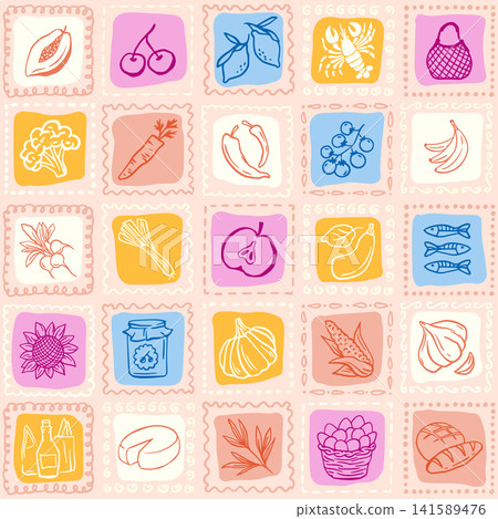 Farmers Market Summer Fruits Vegetables Mediterranean Supermarket Shopping Vector Seamless Pattern for Fashion Textile Design or Fresh Amalfi Wallpaper. Multicolored Doodle Tiles Retro Illustration Farmers Market Summer Fruits Vegetables Mediterranean Supermarket Shopping Vector Seamless Pattern for Fashion Textile Design or Fresh Amalfi Wallpaper. Multicolored Doodle Tiles Retro Illustration 141589476