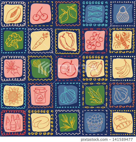 Mediterranean Hand Drawn Tiles with Farmers Market Products Hand Drawn Doodle Goods of Vegetables and Bakery in Summer Spanish or Portuguese Square Frames Mediterranean Hand Drawn Tiles with Farmers Market Products Hand Drawn Doodle Goods of Vegetables and Bakery in Summer Spanish or Portuguese Square Frames 141589477