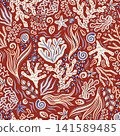 Underwater Seashells and Coral Seaweed Summer Seamless Pattern, Vector Marine Sea Life Illustration in Bold Brown Red Bohemian Fashion Fabric Textile Design or Wrapping Paper Backgrounds 141589485