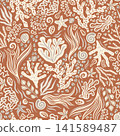 Underwater Seashells and Coral Seaweed Summer Seamless Pattern, Vector Marine Sea Life Illustration Gold Brown Monochrome Bohemian Fashion Fabric Textile Design or Wrapping Paper Backgrounds 141589487