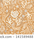 Sunny Seashells and Seaweed Sea Life Summer Seamless Pattern, Vector Marine Illustration in Gold Beige Monochrome Color Bohemian Style for Fashion Fabric Textile Design or Wrapping Paper Backgrounds 141589488