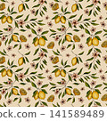 Summer Lemons Green Leaves Seamless Pattern Hand Drawn Illustration of Traditional Mediterranean Amalfi Citrus Motifs for Italian Sunny Coastal Fabric Textile, Beige Travel Background or Wallpaper 141589489