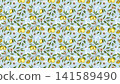 Mediterranean Lemons Green Leaves Seamless Pattern Hand Drawn Illustration with Traditional Azulejo Tiles Motifs for Summer Sunny Coastal Background, Fresh Travel Banner Designs or Wallpapers 141589490
