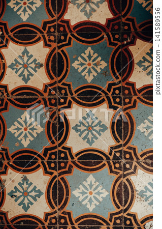 Vintage decorative floor tiles with an intricate geometric pattern in blue, cream, terracotta and black tones. The aged ceramic surface. Repeating ornamental motifs create visually striking background Vintage decorative floor tiles with an intricate geometric pattern in blue, cream, terracotta and black tones. The aged ceramic surface. Repeating ornamental motifs create visually striking background 141589556