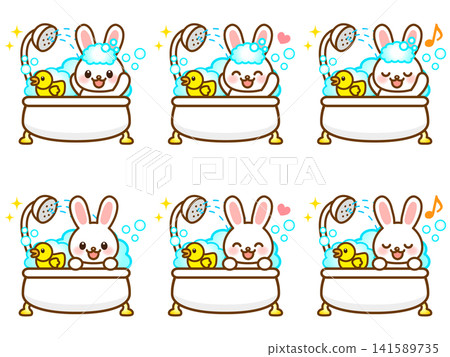A set of illustrations of a rabbit taking a bath. 141589735