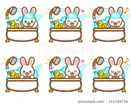 Illustration set of a rabbit taking a bath (2) Illustration set of a rabbit taking a bath (2) 141589736