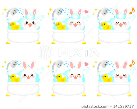 Illustration set of a rabbit taking a bath (3) Illustration set of a rabbit taking a bath (3) 141589737