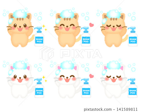 A set of illustrations of a cat getting shampooed in the bathroom. A set of illustrations of a cat getting shampooed in the bathroom. 141589811