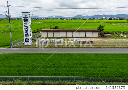 A peaceful rural landscape with a blue sky and lush green rice fields, and a sign (Hayashima Town, Okayama Prefecture) A peaceful rural landscape with a blue sky and lush green rice fields, and a sign (Hayashima Town, Okayama Prefecture) 141589875