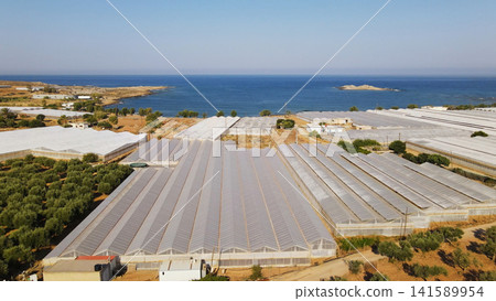 Extensive greenhouse farming complex along the coastline, growing crops near the sea in Crete, Greece 141589954