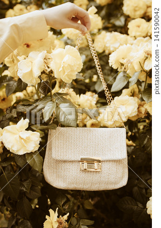 Hand holding a stylish beige handbag with a gold clasp against a backdrop of blooming yellow roses in a garden setting Hand holding a stylish beige handbag with a gold clasp against a backdrop of blooming yellow roses in a garden setting 141590042