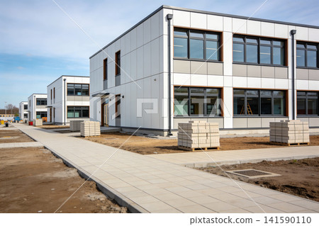 Modern school buildings under construction with paved walkways and building materials 141590110