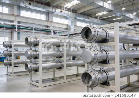 Industrial manufacturing facility with large metal pipes and ventilation systems Industrial manufacturing facility with large metal pipes and ventilation systems 141590147